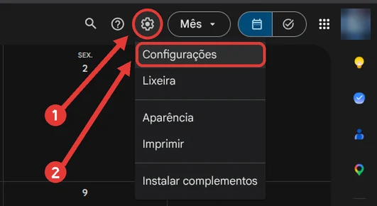 Canto superior direito do Google Agenda: engrenagem e o item Configurações destacados