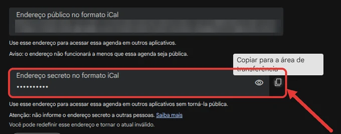 Campo Endereço secreto no formato iCal com o botão de copiar destacado